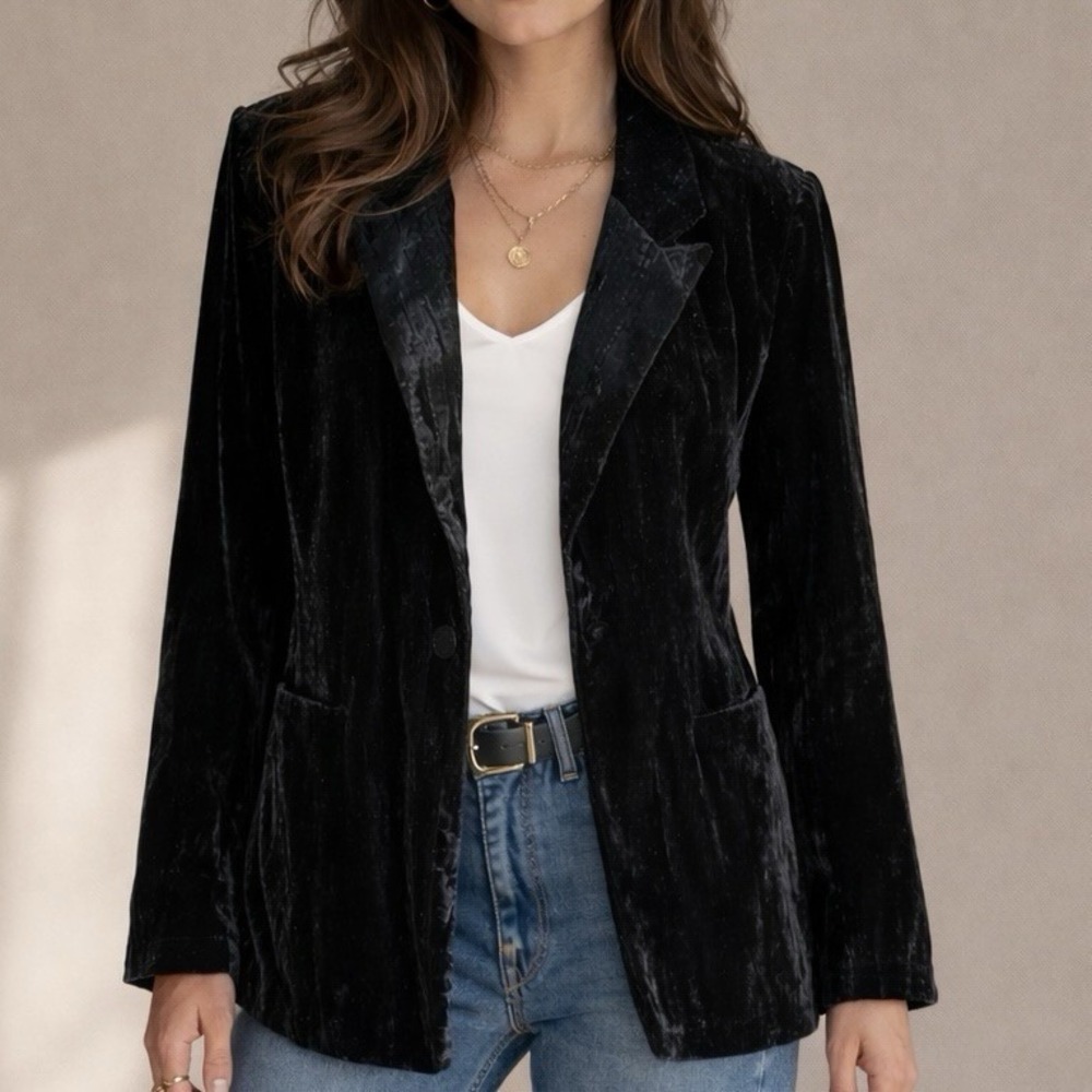 Black Velvet Blazer Womens M Velour Jacket Classic Chic Evening Layer Dear John